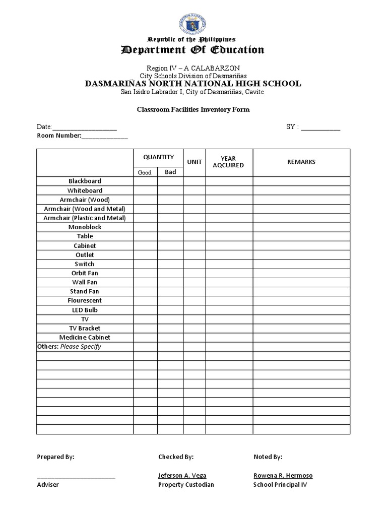 Classroom Inventory Form PDF Chair Decorative Arts