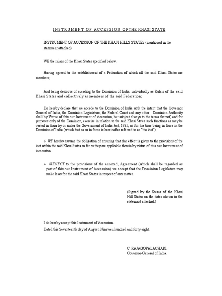 Instrument of Accession of the Khasi States PDF Dominion