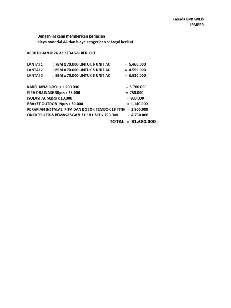 Rincian Biaya Pemasangan AC BPR Wilis | PDF