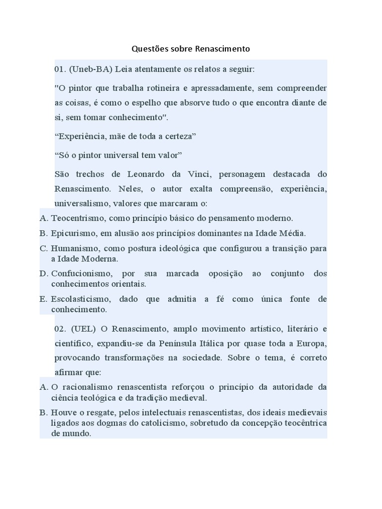 Questões sobre o Renascimento Cultural | PDF | História