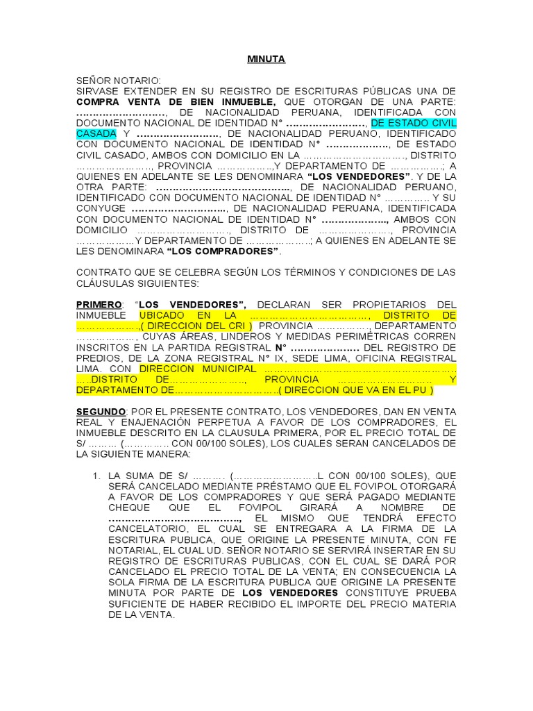 Modelo Minuta Compra Venta Pdf Ley Común Justicia