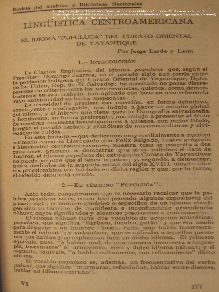 El Idioma Pupuluca Del Curato Oriental de Yayantique PDF