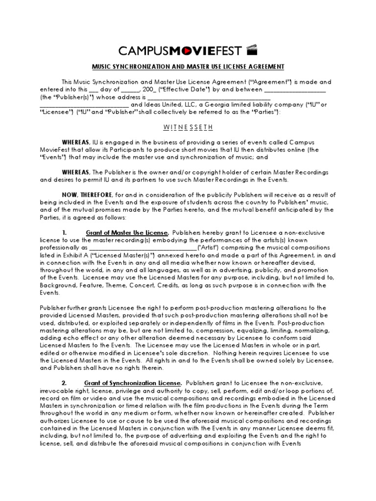 Music Sync and Master Use License Agreement | PDF | License | Copyright