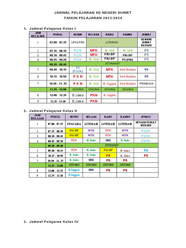 Jadwal Pelajaran Kumer SD Negeri Duwet | PDF