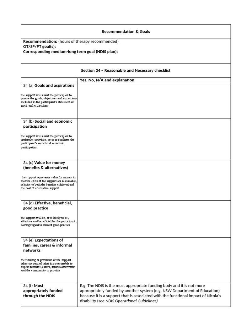 NDIS Reasonable & Necessary Checklist | PDF | Self-Improvement