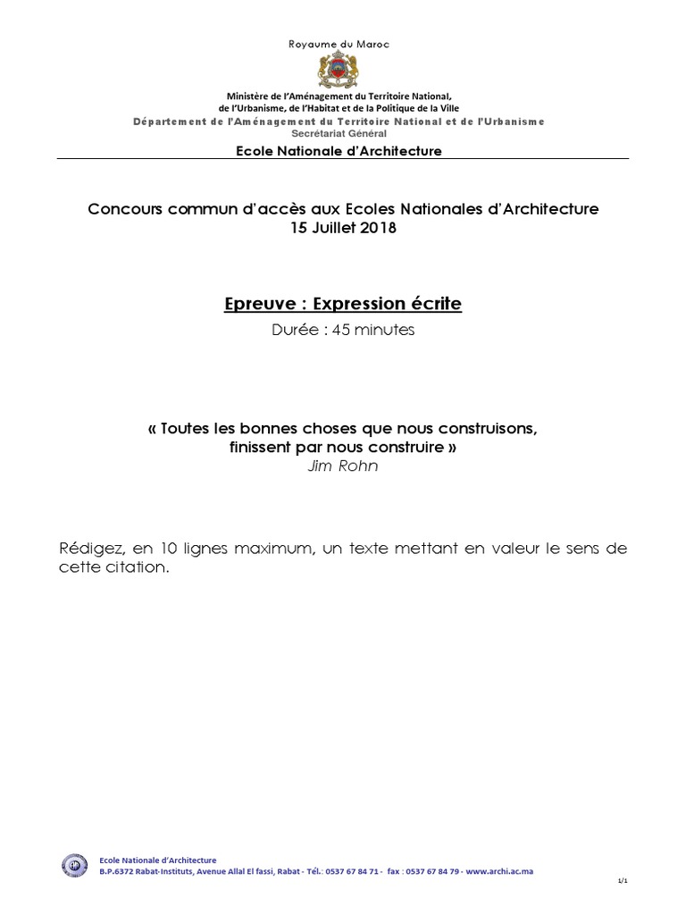 Concours ENA 2018 : Épreuve Écrite | PDF