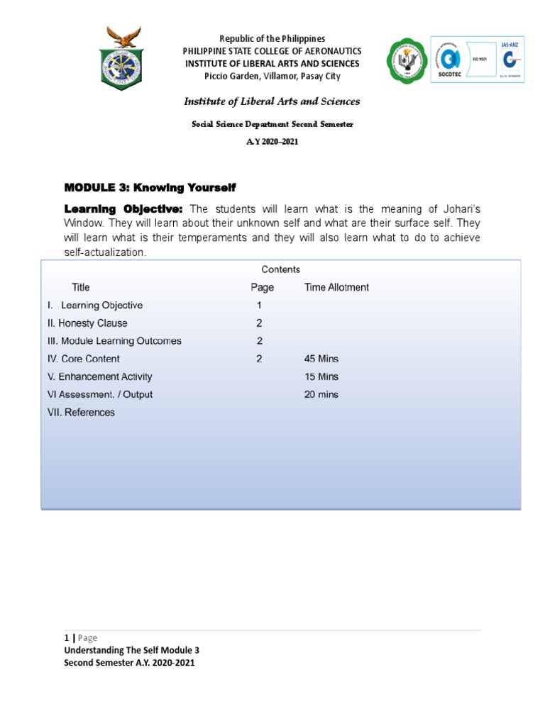 Module 3 Understanding The Self Pdf Self Actualization Self Esteem