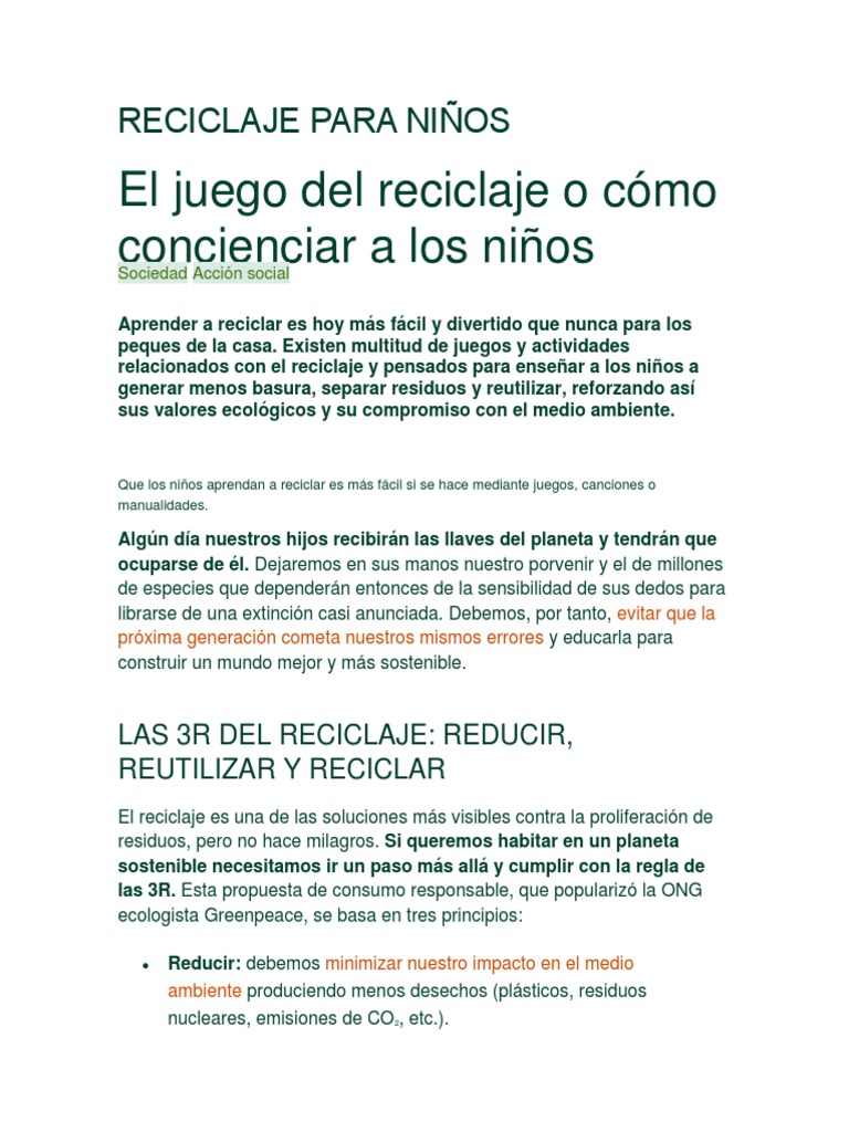 Actividades de Reciclaje para Niños | PDF | Reciclaje | Residuos