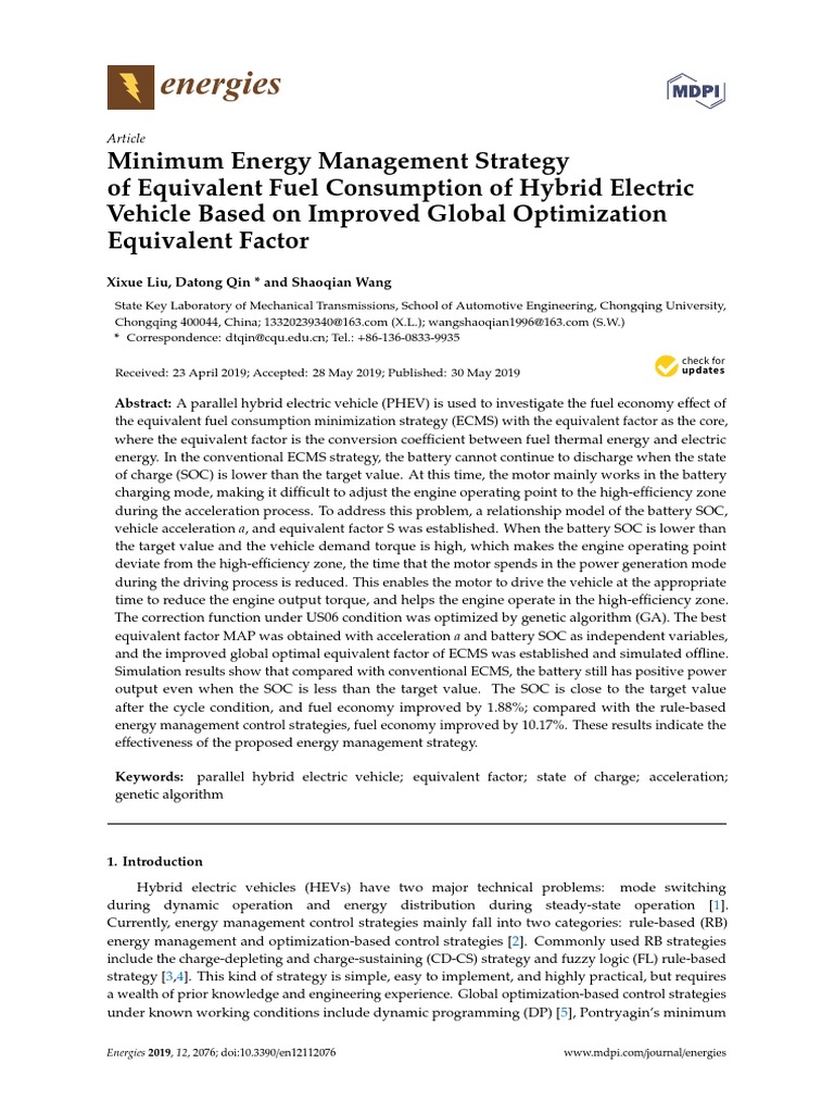 Minimum Energy Management Strategy of Equivalent F PDF Mathematical