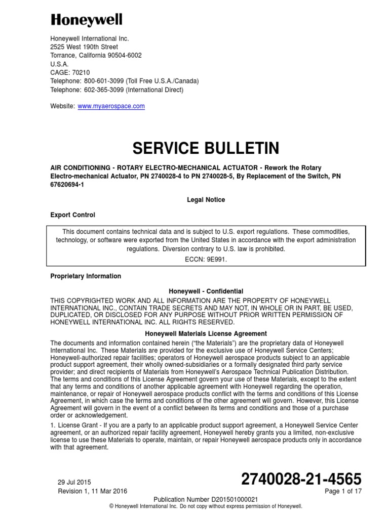 Service Bulletin © Honeywell International Inc. Do Not Copy Without