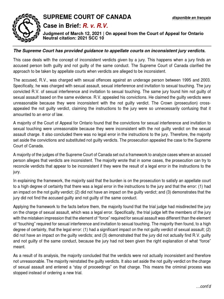 Supreme Court of Canada Case in Brief R. v. R.V PDF Verdict Acquittal