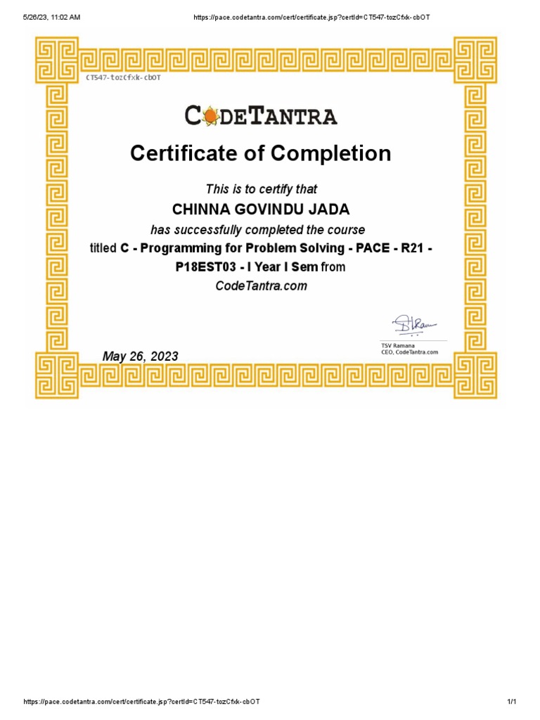 C Programming Certificate | PDF