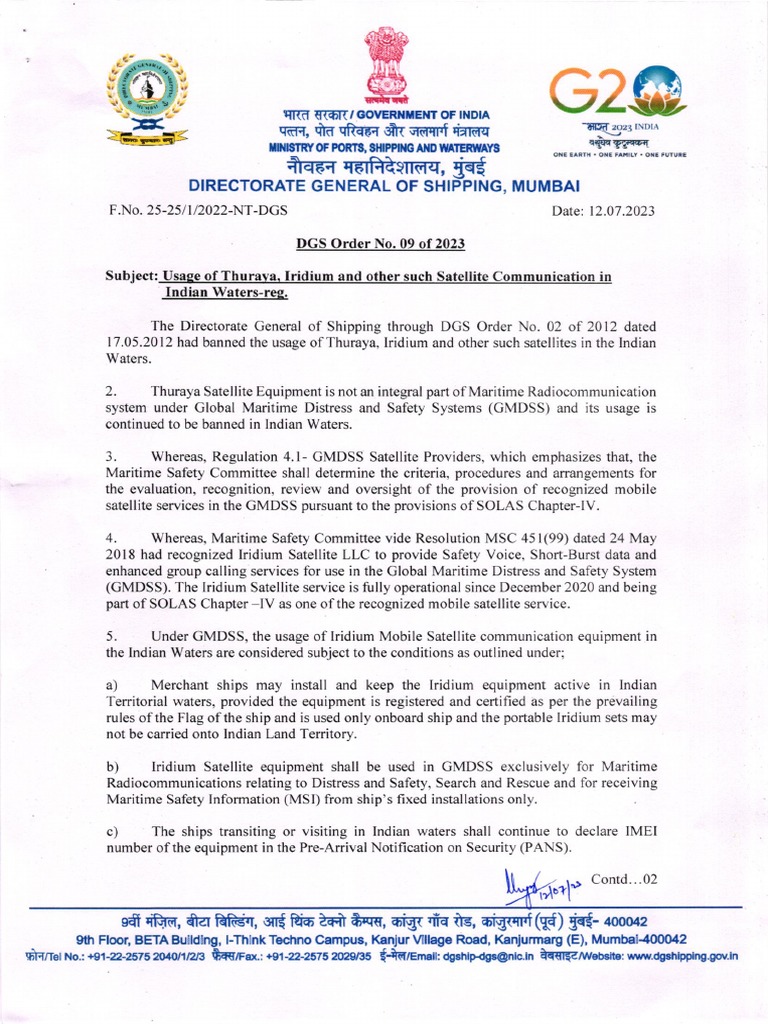 DGS Order 09 of 2023 on Satellite Use | PDF