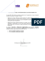 DECLARACIÓN DEL CONTENIDO RECICLADO DEL PRODUCTO - Hyspalit - AL-10