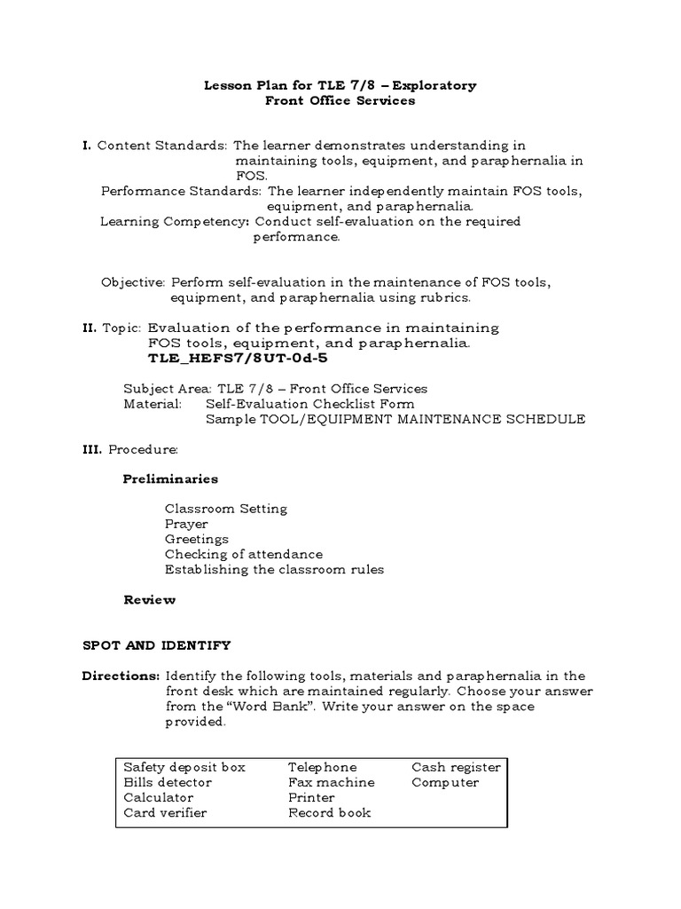 LO2 Perform Self Evaluation in The Maintenance of FOS Tools Etc PDF