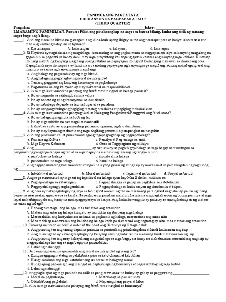 Grade 7 - 0 EsP Panimulang Pagsusulit.3 | PDF