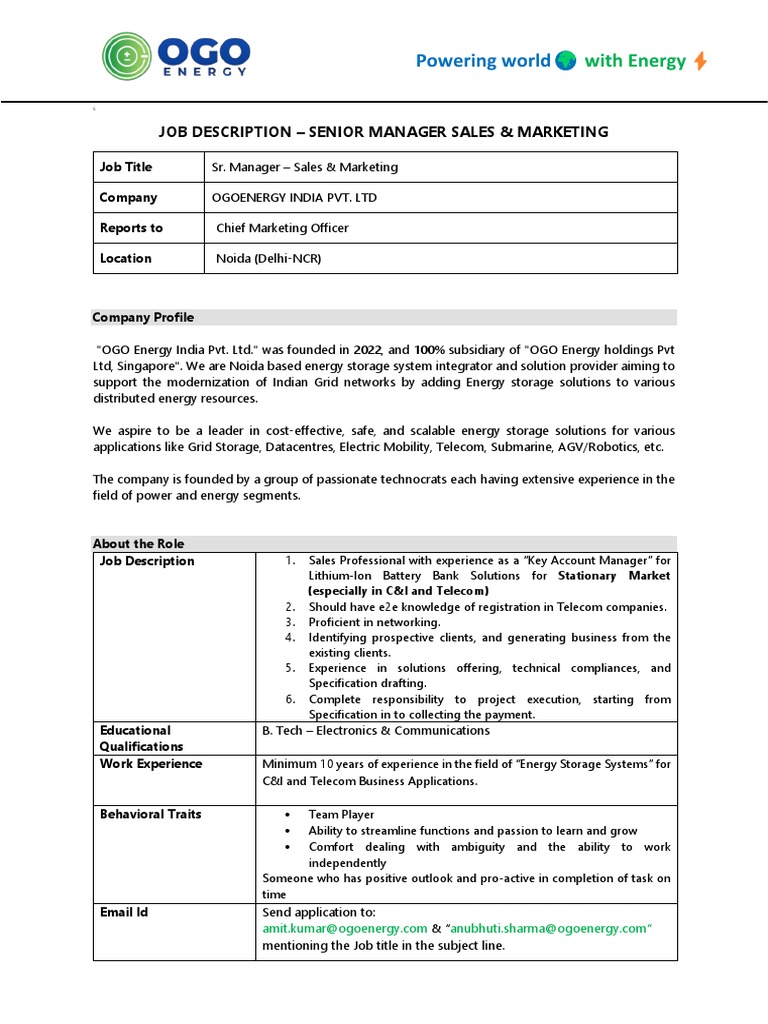 Senior Manager Sales & Marketing Job | PDF