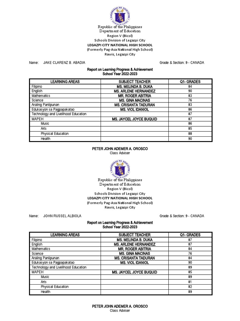 Grade 9 Canada Learning Progress Report | PDF | Physical Education ...