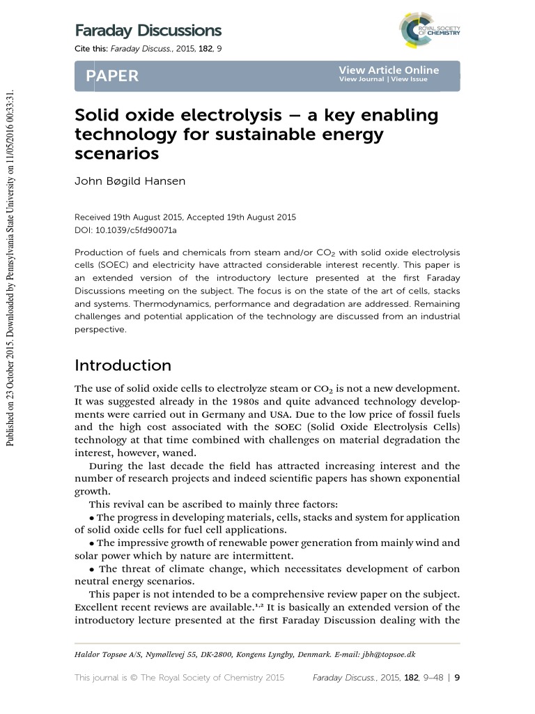 Solid Oxide Electrolysis for Sustainable Energy | PDF | Solid Oxide ...