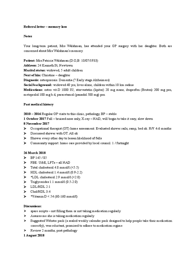 Referral Letter Memory Loss PDF Health Care Clinical Medicine