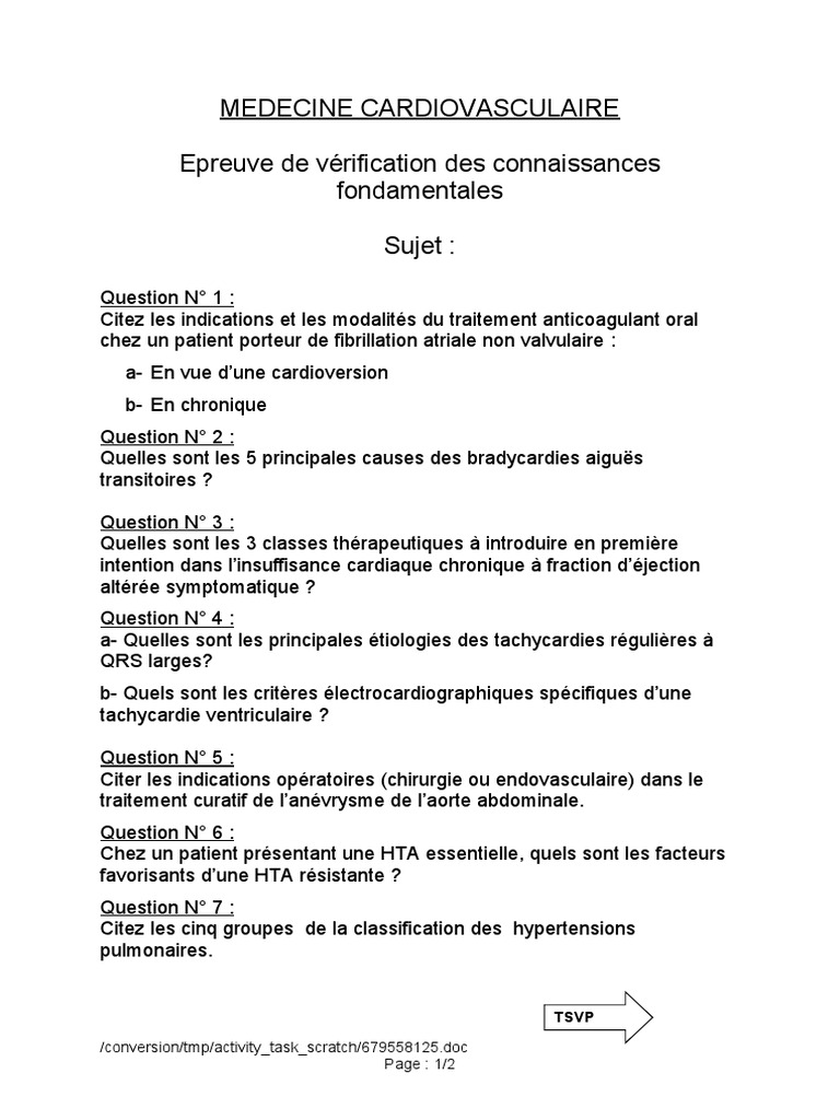 Questions sur la médecine cardiovasculaire PDF — free download