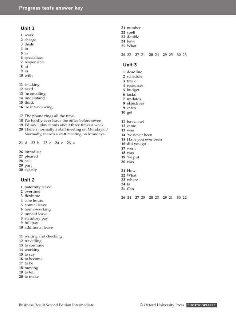 BR2e Intermediate Progress Tests Answer Key | PDF
