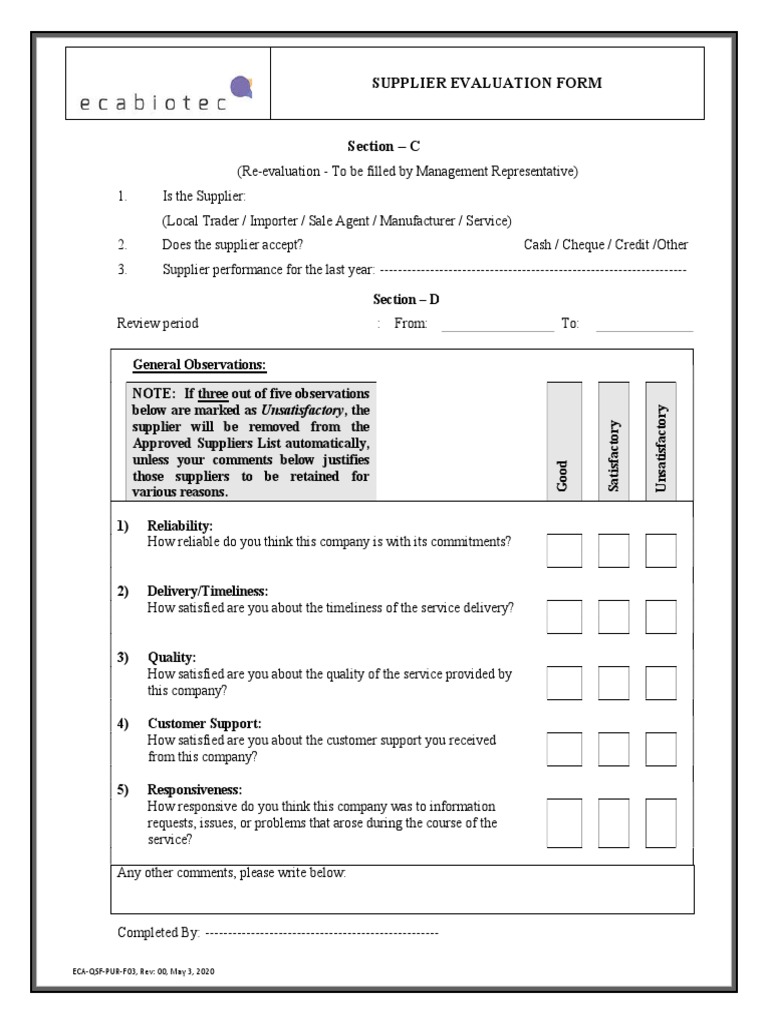 Supplier Evaluation Form Template | PDF | Business