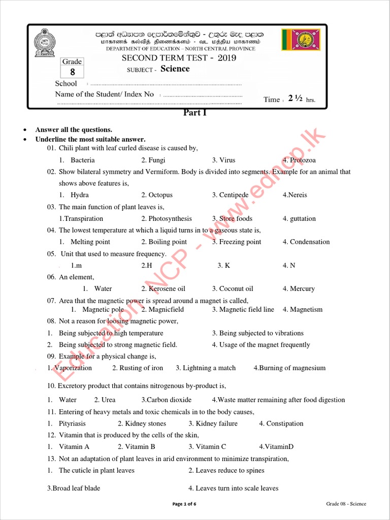 Grade 08 Science 2nd Term Test Paper 2019 English Medium North Central