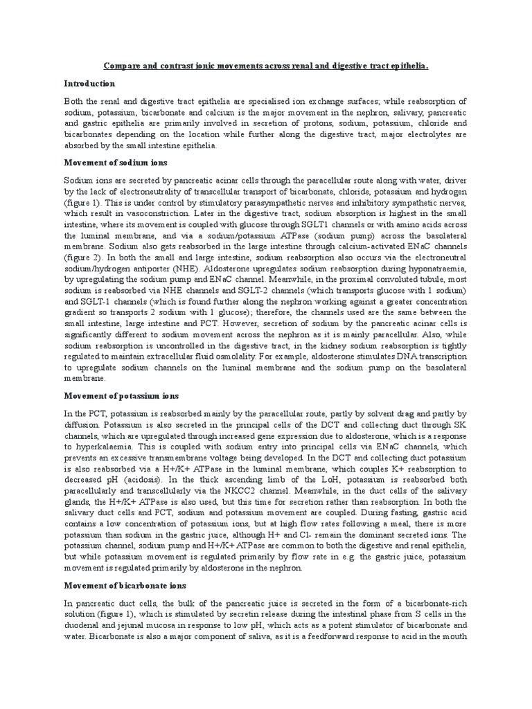 Compare and Contrast Ionic Movements Across Renal and Digestive Tract