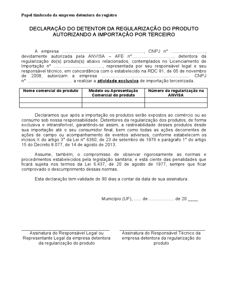 Declaracao do detentor da regularizacao do produto autorizando a