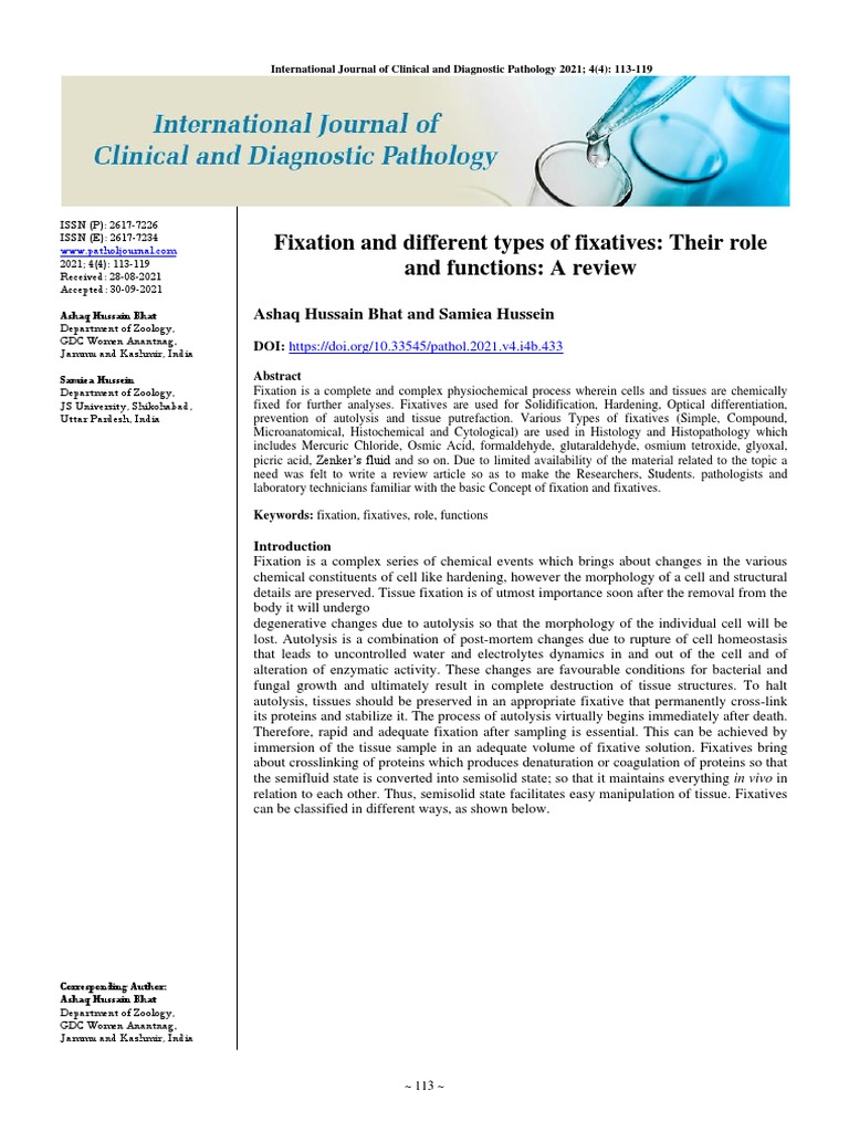 Fixation and Different Types of Fixatives Their Role and Functions A
