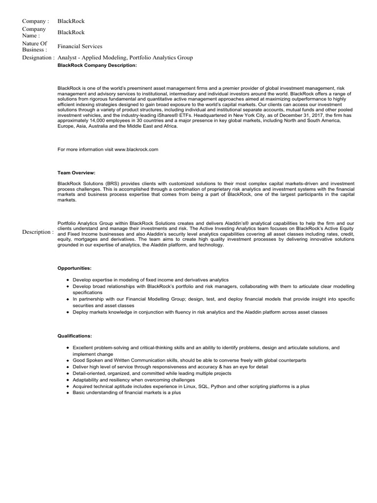Blackrock Analyst Applied Modeling Portfolio Analytics Group PDF