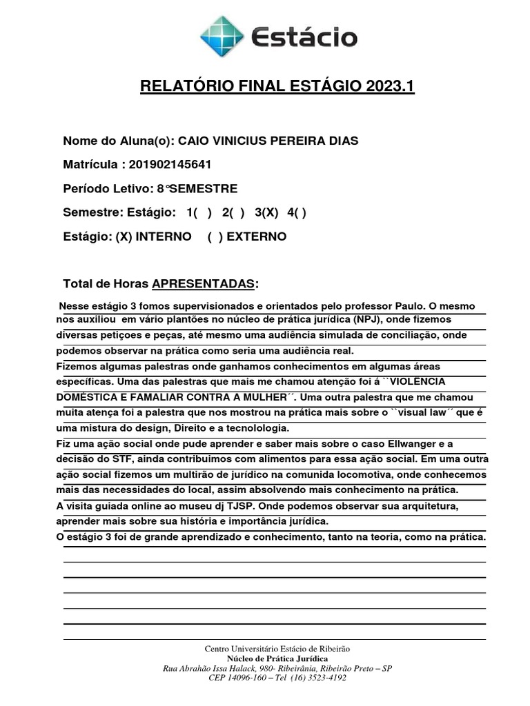 MODELO RELATÓRIO FINAL DE ESTÁGIO.docx - Documentos Google | PDF