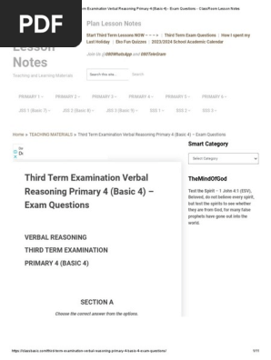 Third Term Examination Verbal Reasoning Primary 4 (Basic 4) - Exam Questions - ClassRoom Lesson Notes