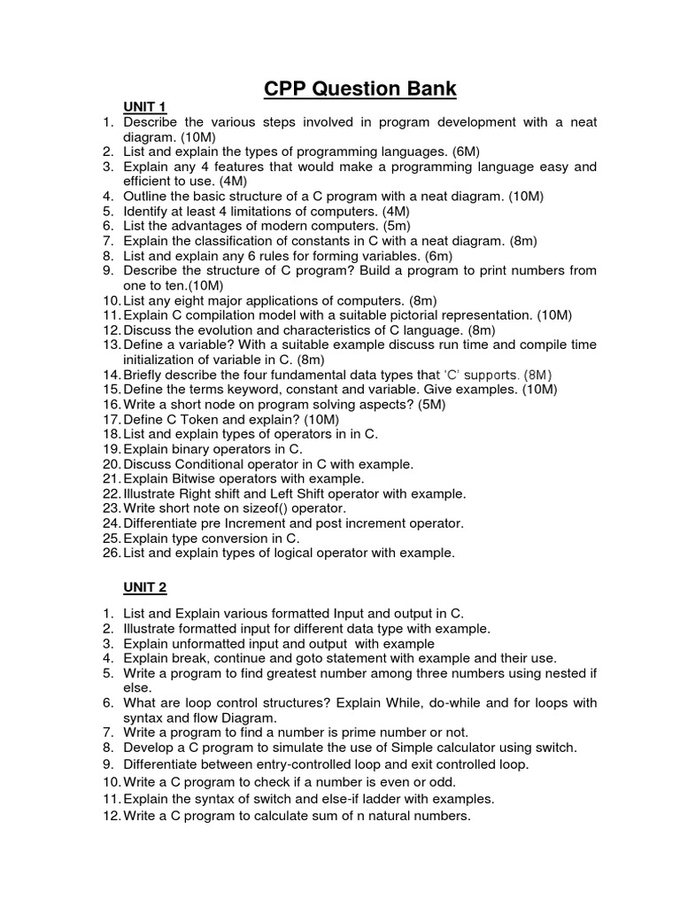 CPP Question Bank Unit 1-3 | PDF | Computer Program | Programming