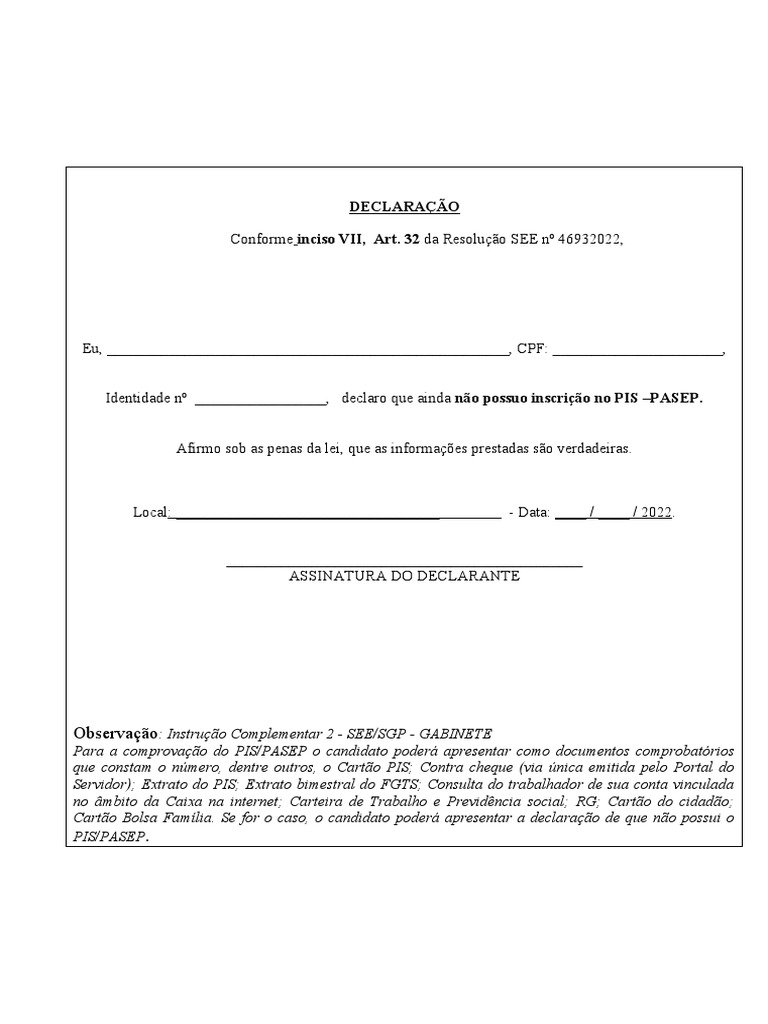 Declaração de Não Inscrição no PIS/PASEP | PDF | Finanças e ...