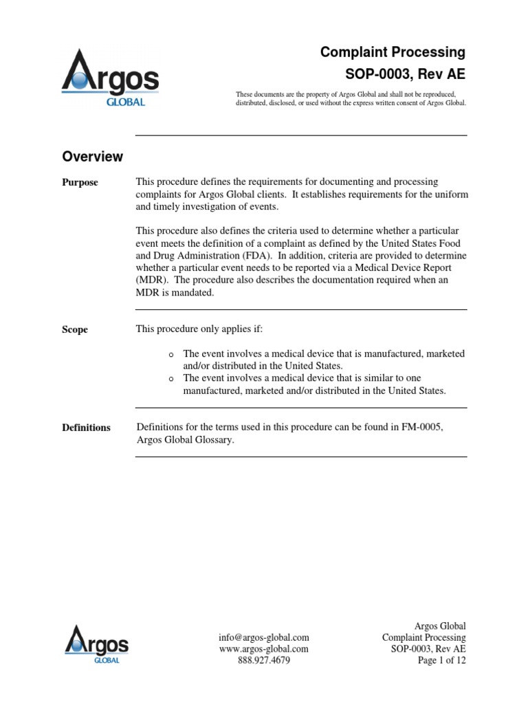 Argos Global Complaint Processing SOP 0003 RevAE PDF Medical Device