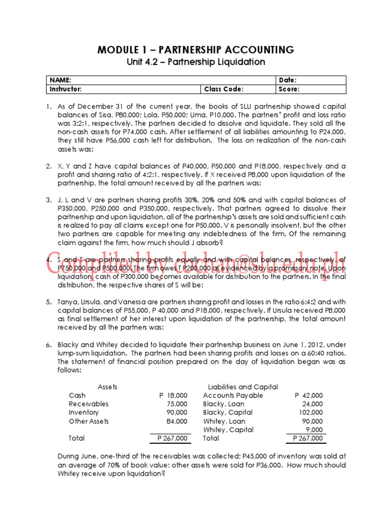 Unit 4.2 Partnership Liquidation | PDF | Balance Sheet | Money
