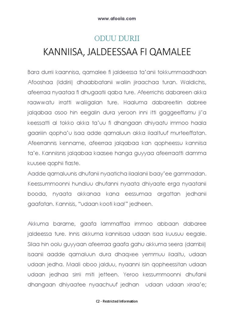 Oduu Durii Kanniisa Jaldeessaa Fi Qamalee | PDF