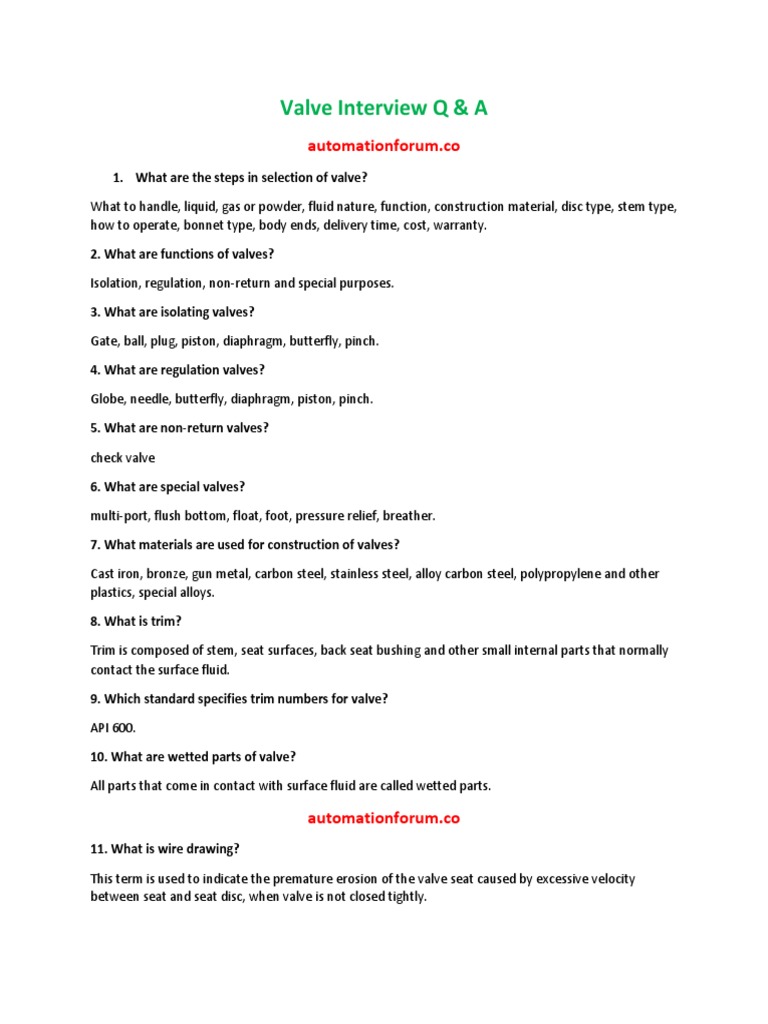 Valve Interview Questions and Answers PDF Valve Manufactured Goods