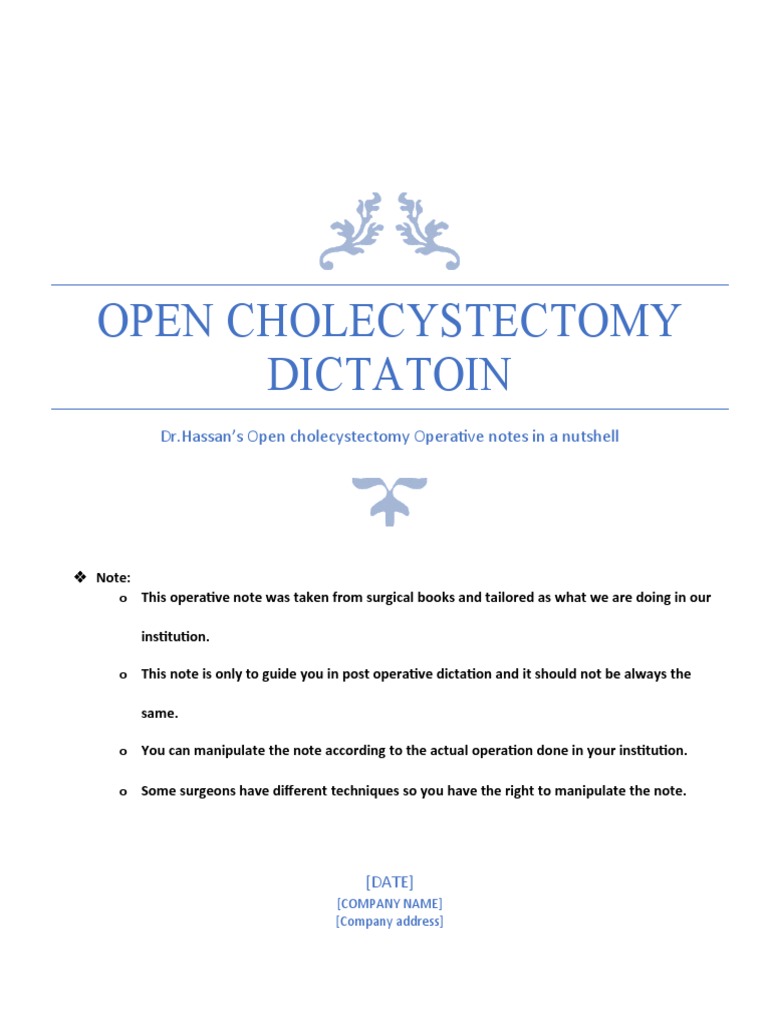 Open Cholecystectomy Operative Notes | PDF | Gallbladder | Surgery