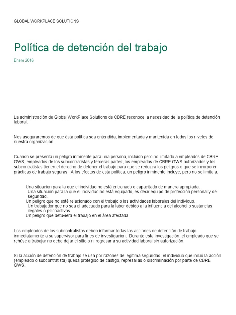 Política de Detención Laboral en CBRE GWS | PDF