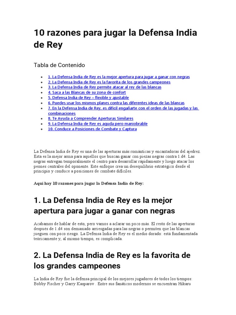 10 Razones para Jugar Defensa India de Rey | PDF | Aperturas de ajedrez ...