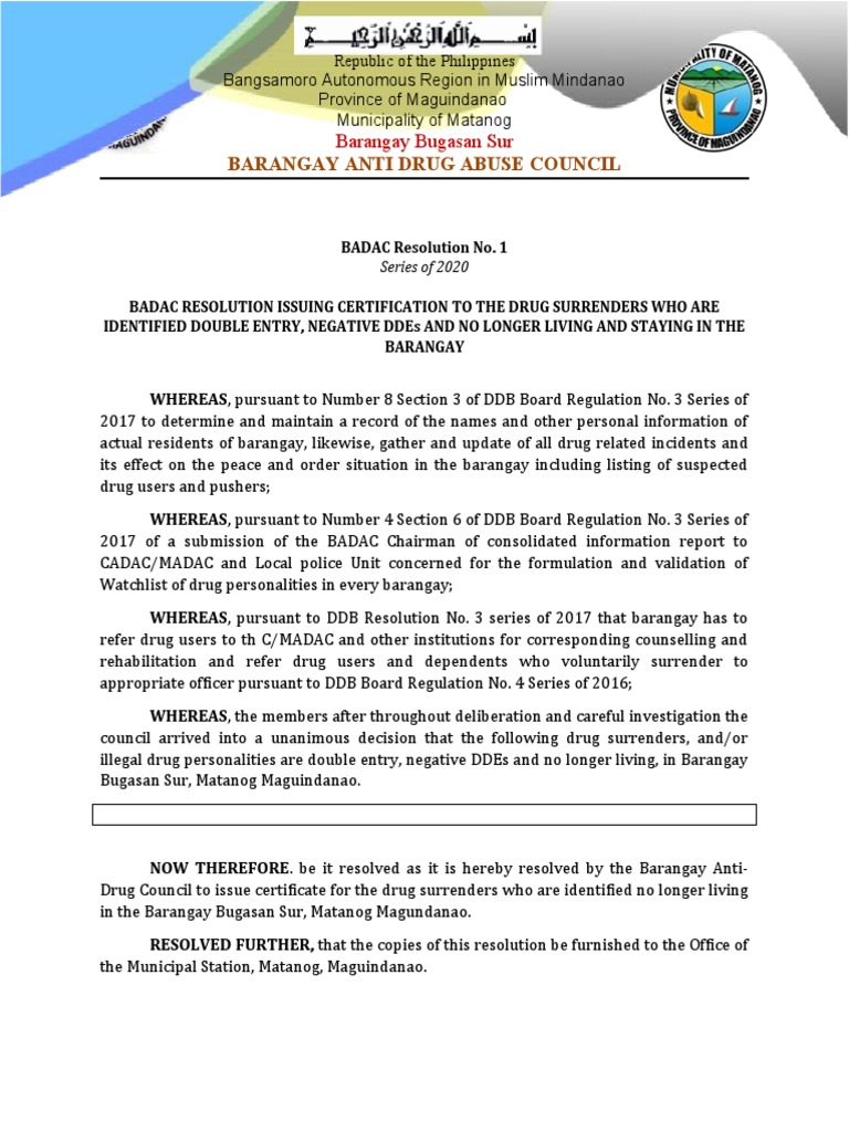 BADAC Resolution on Drug Surrender Certification | PDF | Government