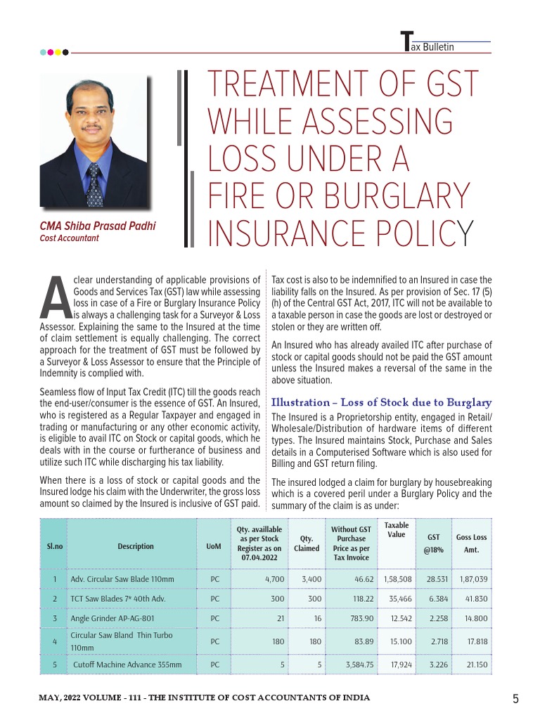 Treatment To GST While Assessing A Loss | PDF | Insurance | Value Added Tax