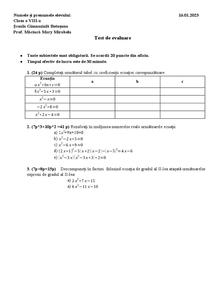 Test Ecuatia Gradul 2 Clasa 8 | PDF