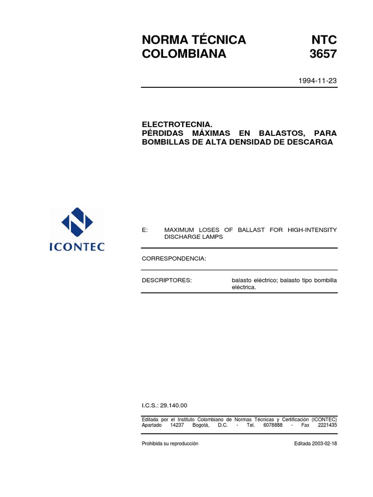 Pérdidas Máximas en Balastos NTC 3657 | PDF | Ingenieria Eléctrica