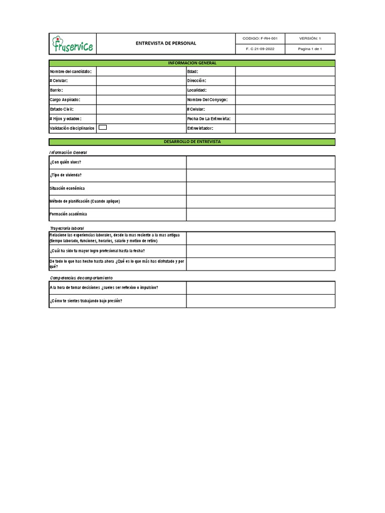 F-RH-001 Formato de Entrevista V1 | PDF | Gestión de recursos humanos