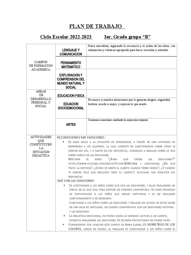 Plan de Trabajo: Emociones en 3er Grado | PDF | Las emociones | Cognición