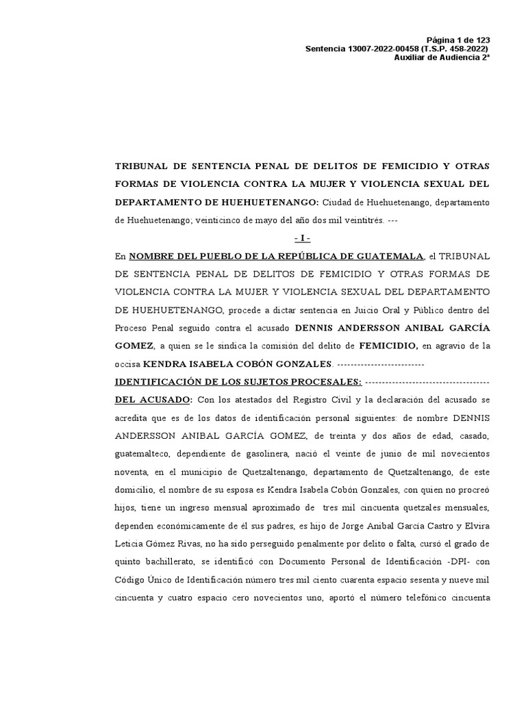 Sentencia por Femicidio en Huehuetenango | PDF | La violencia contra ...